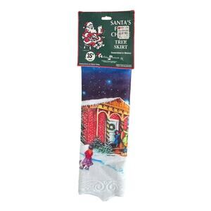 Vtg Santas First Choice Felt Christmas Tree Skirt 35" Round Ice Skating Church